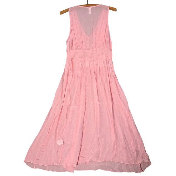 Sundance Maxi Dress Size L Pink Sheer Smocked Empire Waist Overlay Flowy Boho - Picture 2 of 14